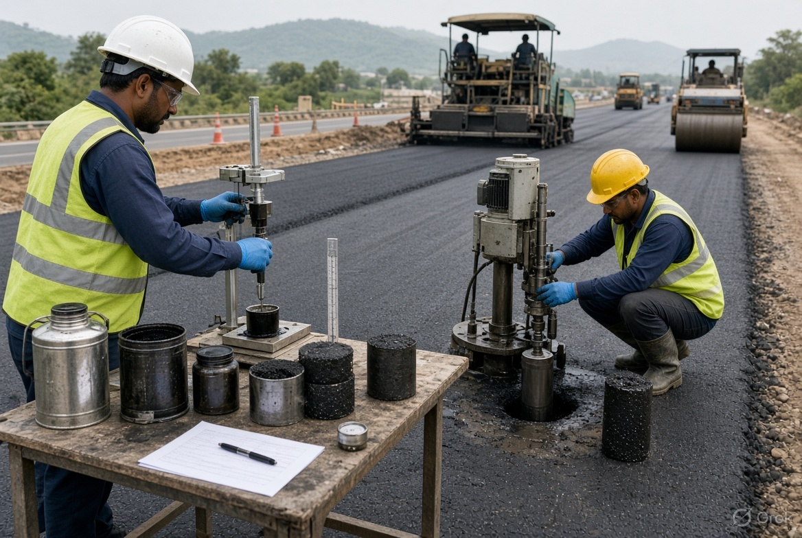 Technicians testing asphalt cores and bituminous road material