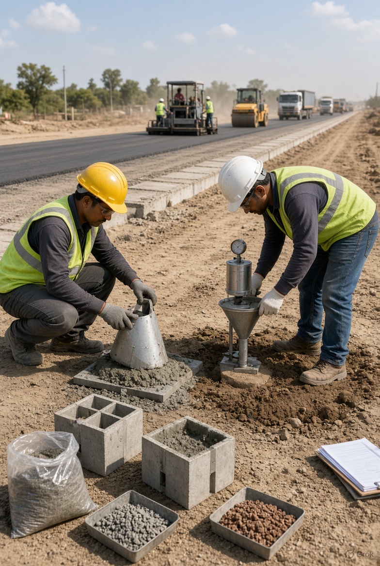 Field team testing concrete and road materials at an active highway site