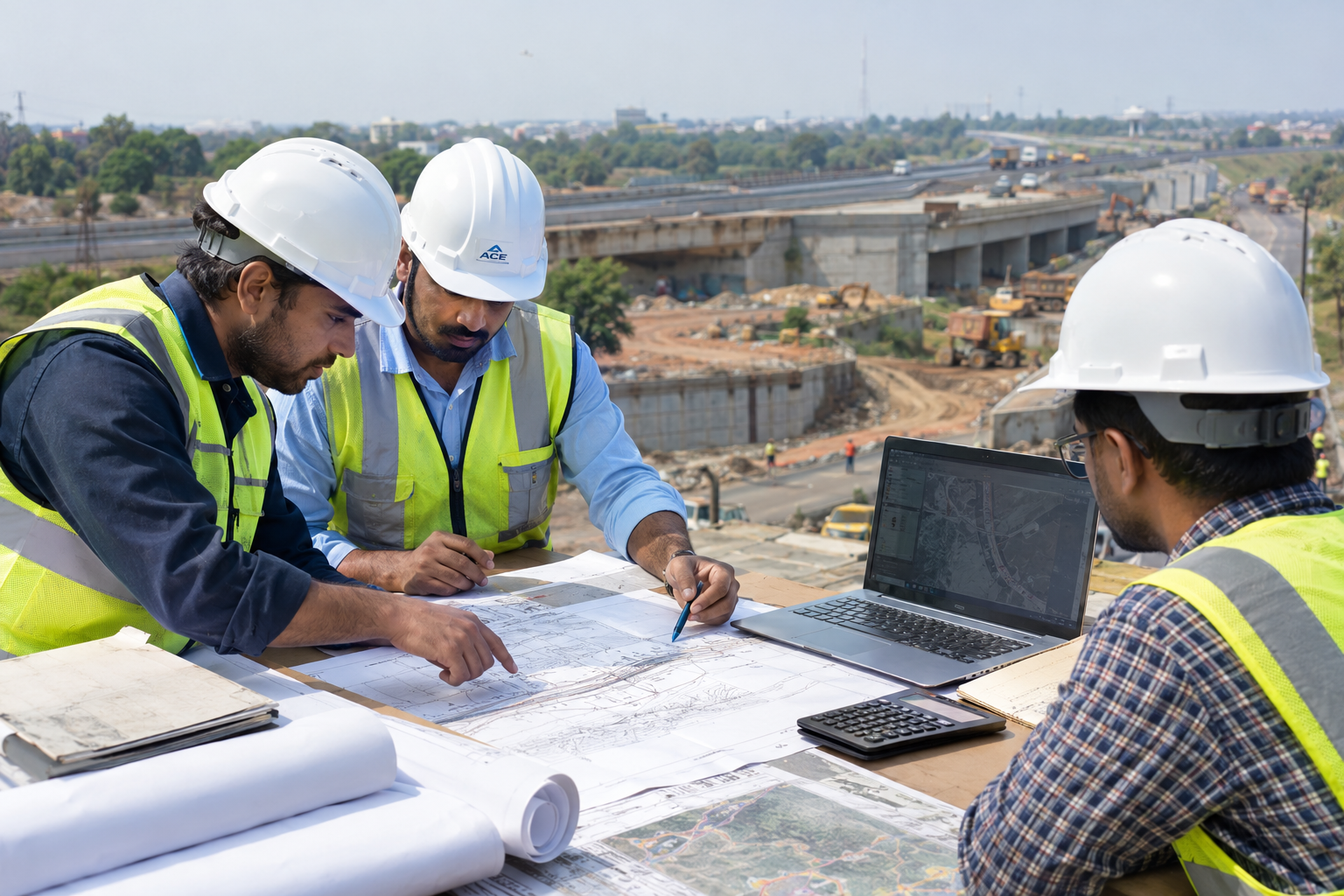 Engineers planning a highway construction project at an active site
