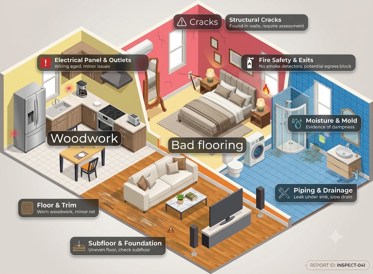 Illustrated home inspection checklist showing cracks, dampness, electrical, flooring and plumbing issues